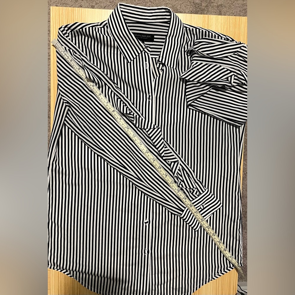 Banana Republic Dillon Black Blouse White Vertical Stripe Button Down Ruffle Top - Picture 9 of 13